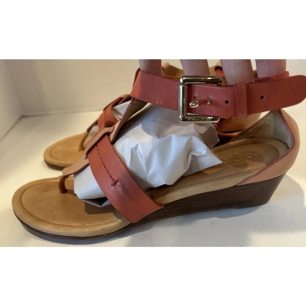 READ Coach Velevet Leather Thong Strappy Wedge Sandals Size 7 Orange/coral